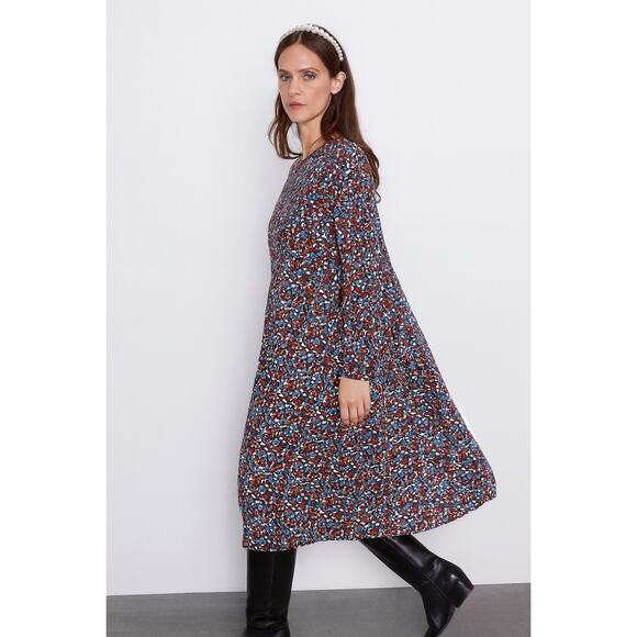 Zara Long Sleeve Floral Midi Dress Burgundy Blue White Print Size XXL Plus - Picture 1 of 7